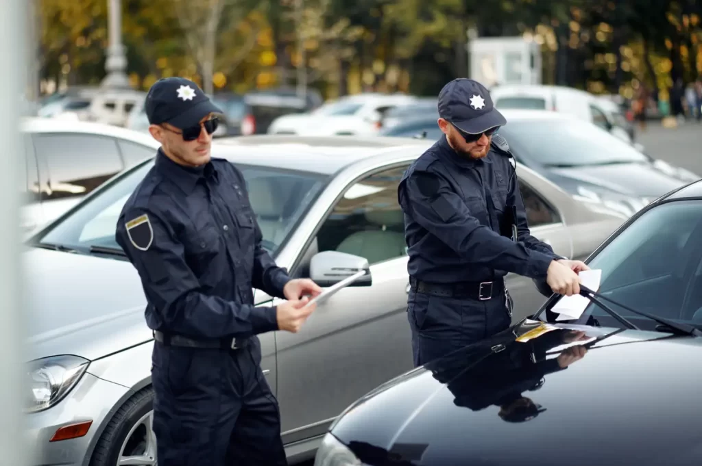 Two security guards walking around a car park to show the mobile security patrol services at RSM Property Solutions offers in Oxfordshire, Wiltshire, and Gloucestershire.