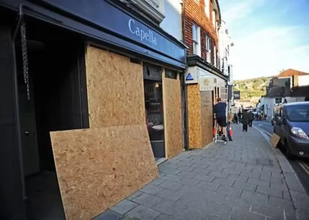 An image of a shop being boarded up to make sure that it is safe as part of the property maintenance that RSM Property Solutions offers.