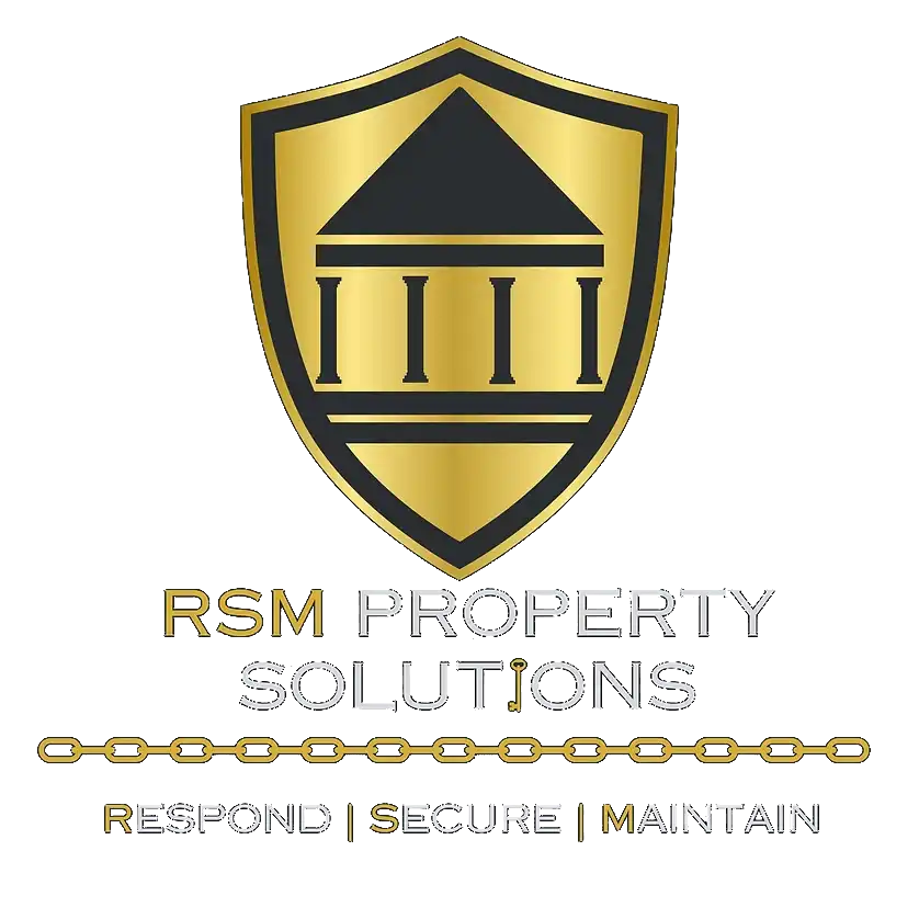 The logo for RSM Property Solutions. It is a gold shield with a black background. This shows the security and property maintenance that they provide in Oxfordshire.