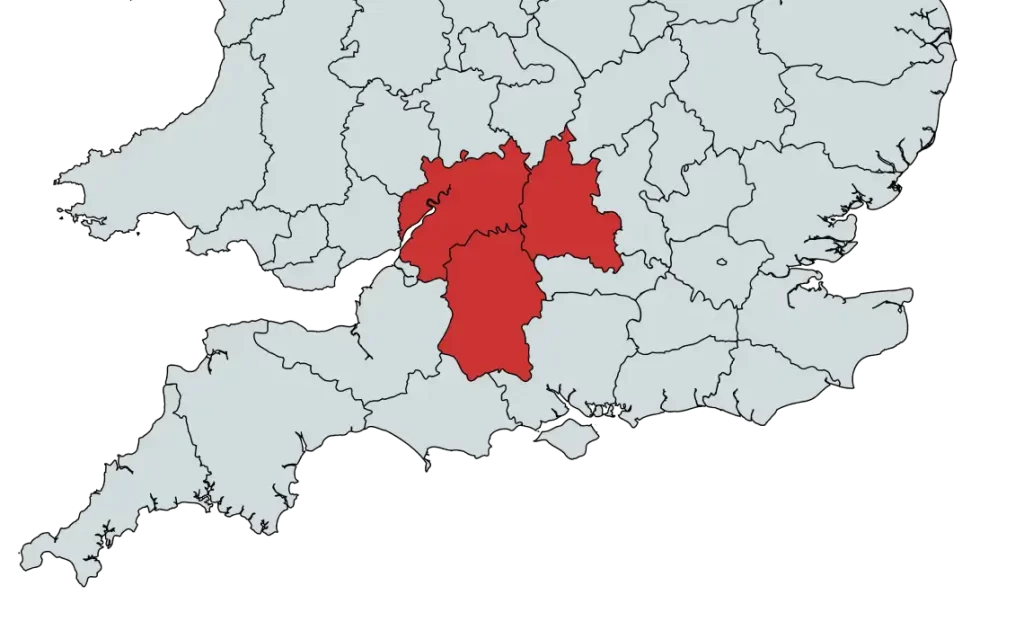A map of the south of England with Oxfordshire, Wiltshire, and Gloucestershire coloured in red to show where RSM Property Solutions operates.