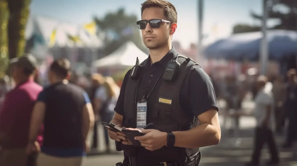 An image of a guard as part of some event security to show that RSM Property Solutions provides key security services. The guard is stood at what looks like a festival with people walking passed looking happy.