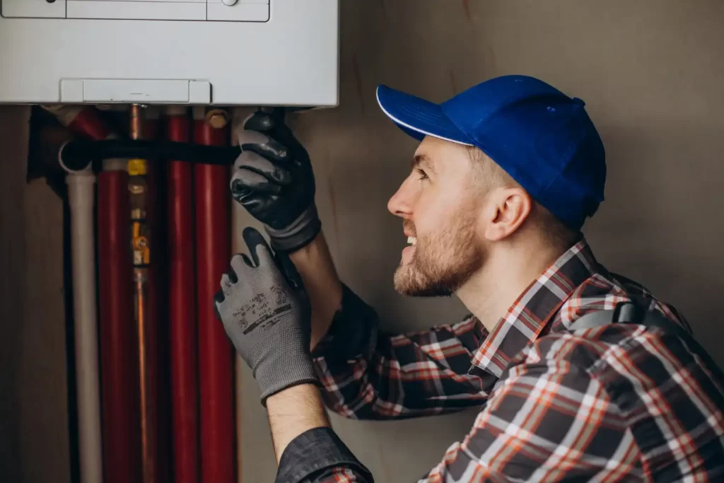 An image of a boiler being repaired as part of the property maintenance services that RSM Property Solutions provides. It is being used to show some of the services that property maintenance includes which is what this blog post is about.