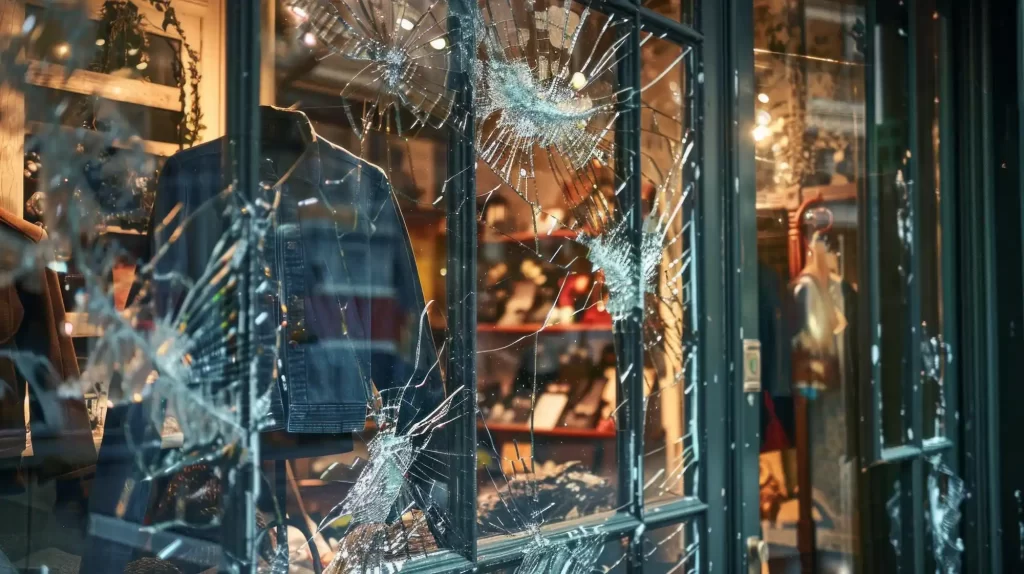 A shop window with broken windows to show that they need professional boarding-up services to help make their business secure.