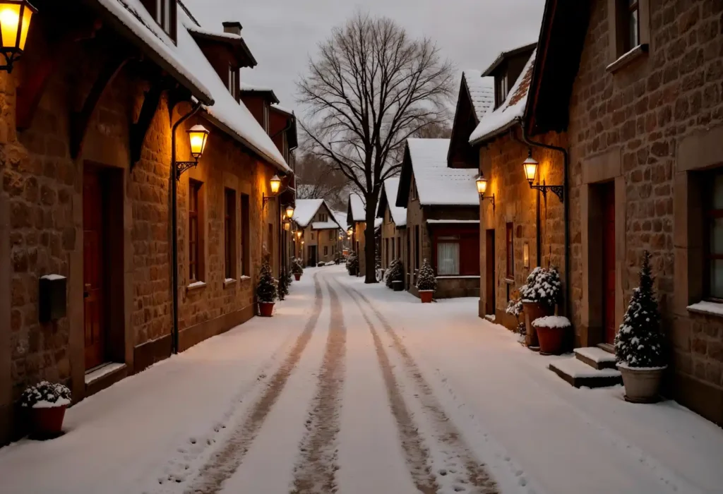 A snowy street with houses lining it. This shows the property maintenance over winter element of this blog post.